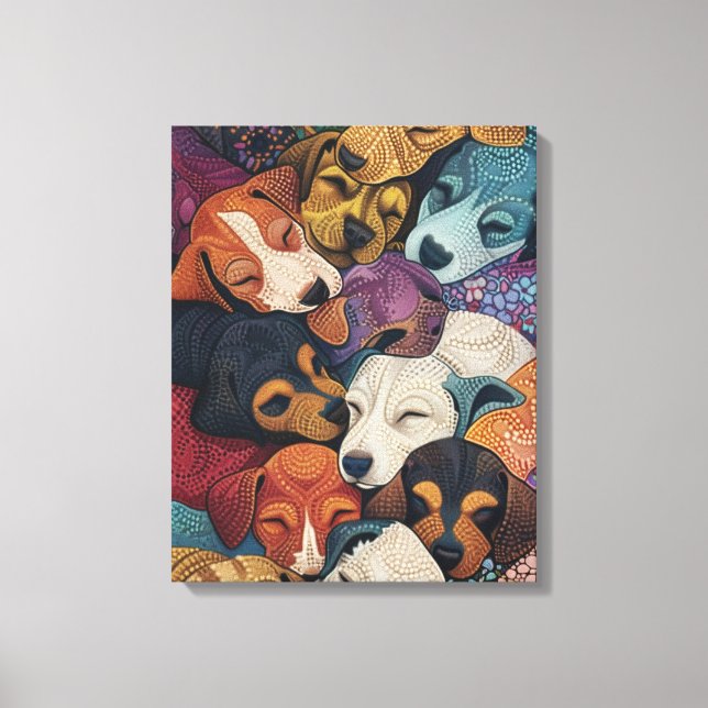 Puppy Litter från sovande Hund - pointillism Art S Canvastryck (Framsida)