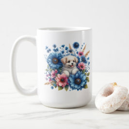 Puppy Love and Colorful Flowers Mug Kaffemugg