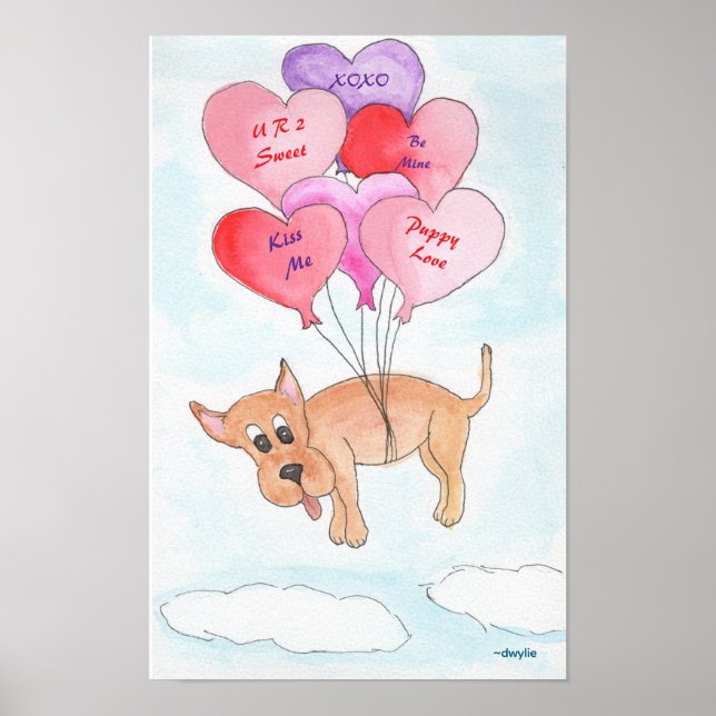 Puppy Love! Dog with Heart Balloons Poster (Framsidan)