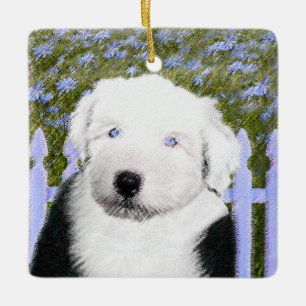 Puppy-målning för gammal engelsk Sheepdog - Hund Julgransprydnad Keramik