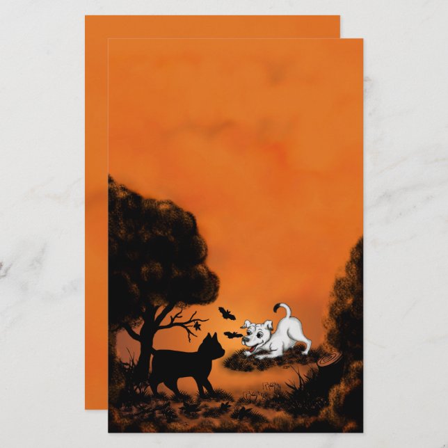 Puppy med Black Cat och Fladdermus, Happy hallowee Brevpapper (Fram/baksida)