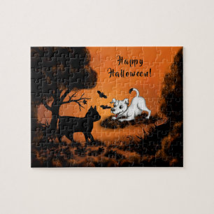 Puppy med Black Cat och Fladdermus, Happy hallowee Pussel