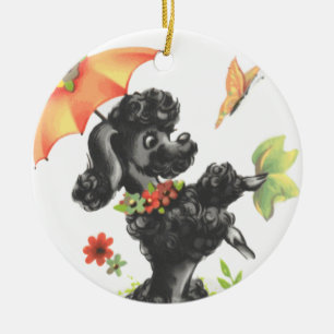 Puppy med paraply i pudel julgransprydnad keramik