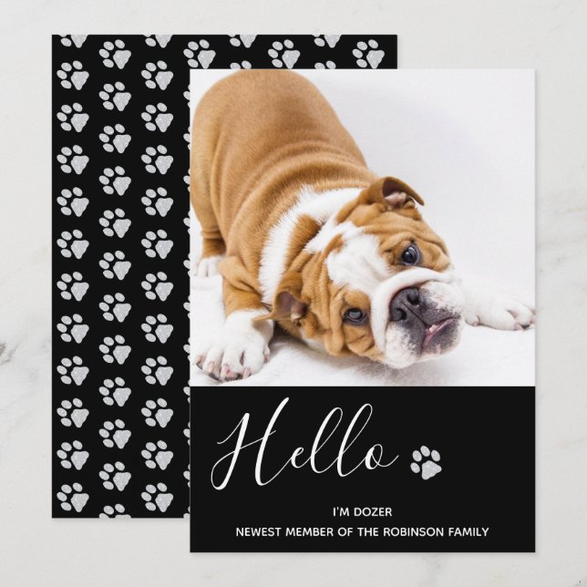 Puppy-meddelande - Elegant Black Modern New Pet Inbjudningar (Fram/baksida)