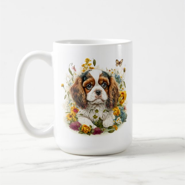 Puppy och Flowers Cavalier Kung Charles Spain #4 Kaffemugg (Vänster)