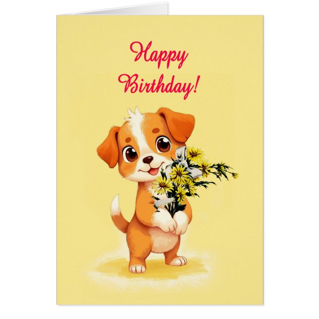Puppy och Flowers grattis på födelsedagen Hälsningskort (Framsidan)