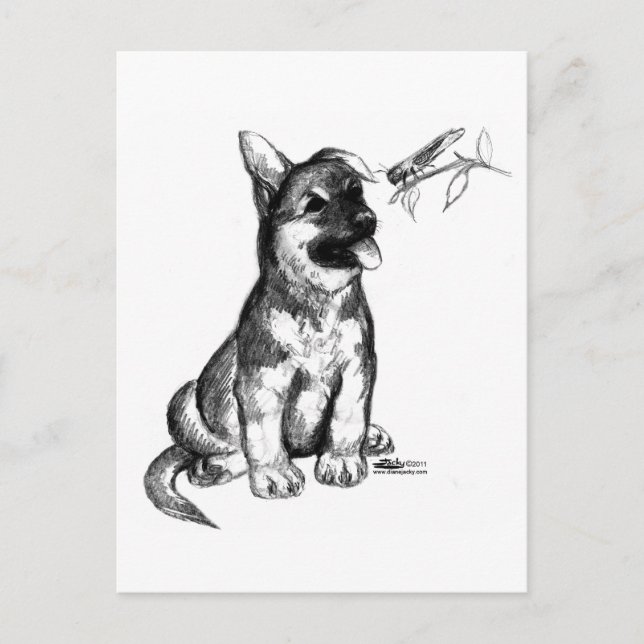 Puppy och Grashopper Vykort (Framsida)