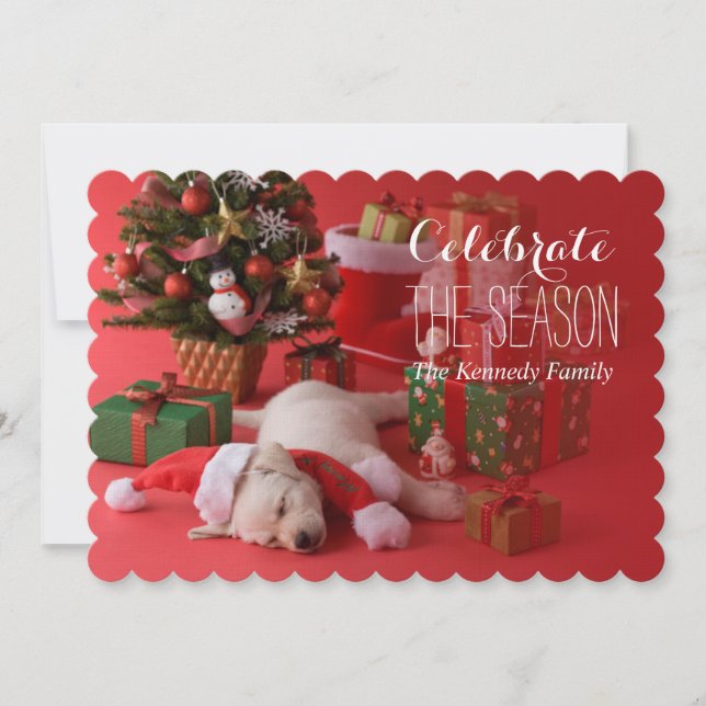 Puppy och julgran, gyllene kronärare inbjudningar (Framsida)