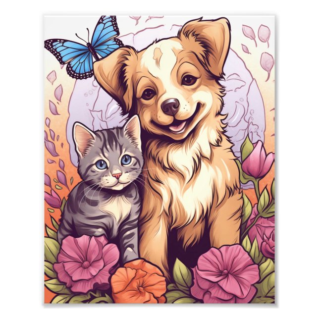 Puppy och Kitten, Butterfly och Flower Game Fototryck (Framsidan)