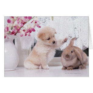 Puppy och Lop Ear Rabbit Hälsningskort