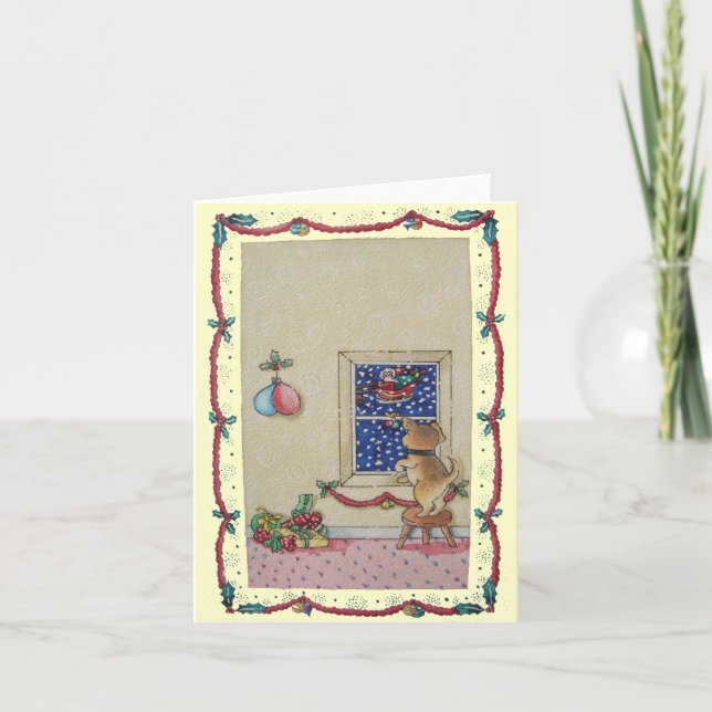 Puppy och pappa jul sleigh helgkort (Framsida)