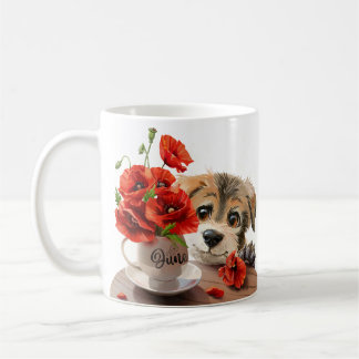 Puppy och vallmoblommor kaffemugg