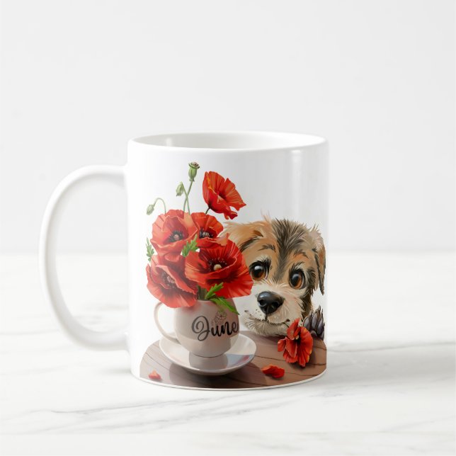 Puppy och vallmoblommor kaffemugg (Vänster)