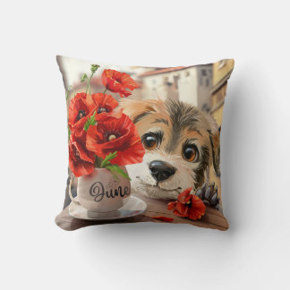 Puppy och vallmoblommor kudde