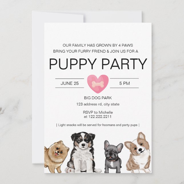 Puppy Party, marionettdusch för ny valp Inbjudningar (Framsida)
