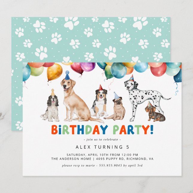 Puppy Party | Tute Roligt Kids Hund Tema födelseda Inbjudningar (Fram/baksida)