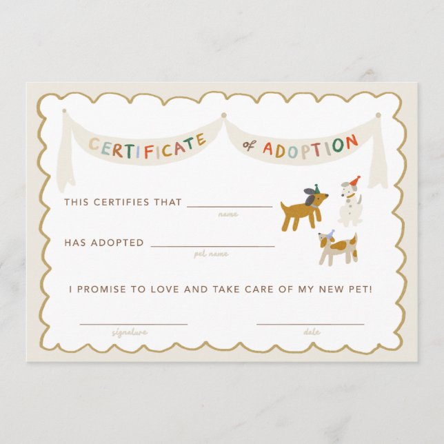 Puppy Pawty Certificate of Adoption Inbjudningar (Framsida)