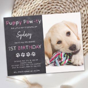 Puppy Pawty Chalkboard Rosa Hund Birthday Inbjudan Vykort