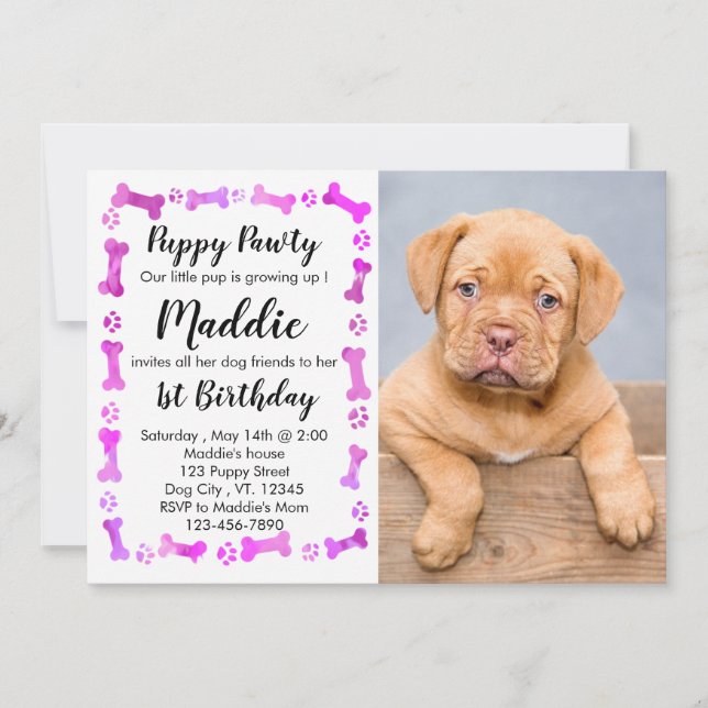 Puppy Pawty - Rosa Girl Girl Pet - Hund Birthday P Inbjudningar (Framsida)