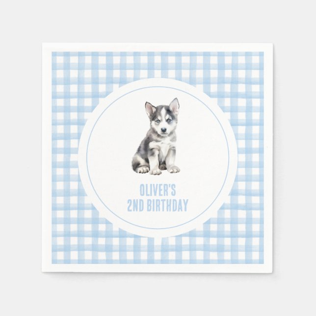 Puppy preppy plaid birthday pappersservett (Framsidan)