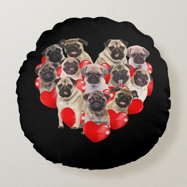 Puppy Pugs Hund Heart | Alla hjärtans dag-gåva Rund Kudde (Framsidan)