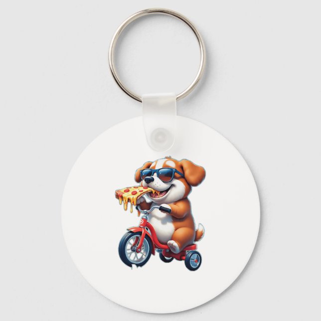 puppy riding a bike eating pizza nyckelring (Framsida)