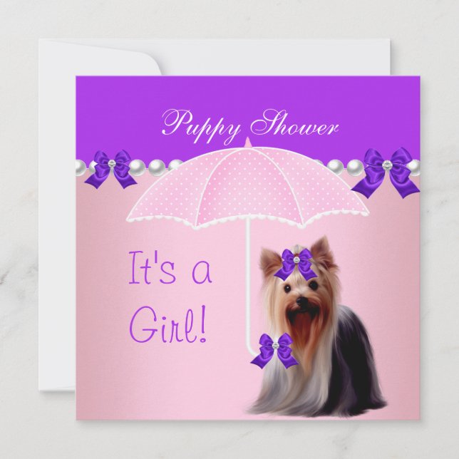 Puppy Shower Cute Hund Lila Rosa Yorkie Inbjudningar (Framsida)