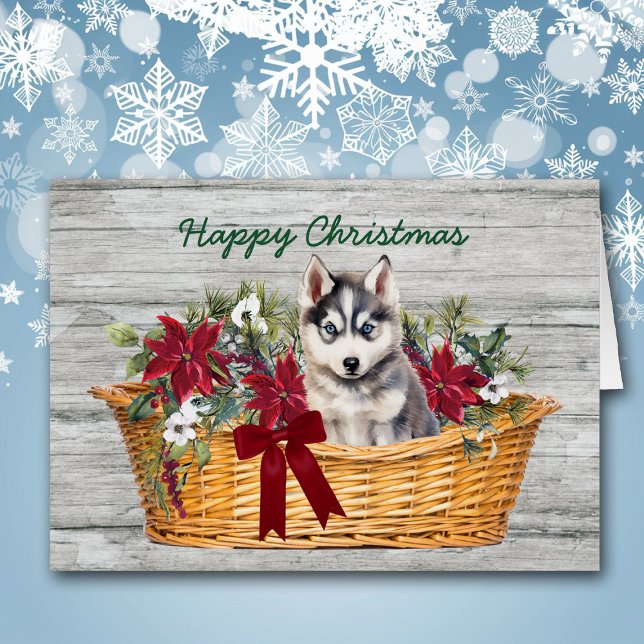 Puppy siberian husky i Basket-julkort Hälsningskort (Skapare uppladdad)
