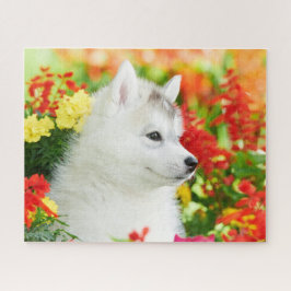 Puppy siberian husky i Flowers puzzle Pussel