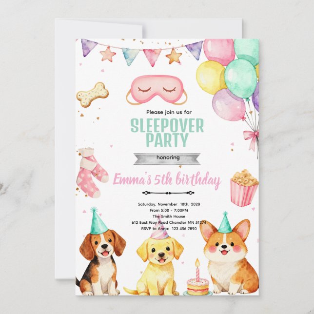 Puppy Sleepover birthday Party Invitation Inbjudningar (Framsida)