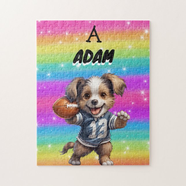 Puppy spelar fotboll med Rainbows & Namn Pussel (Vertikal)