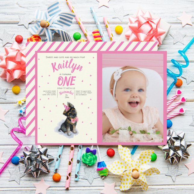 Puppy 🐶 Tysk Shepherd Rosa Birthday Photo Inbjudningar (Puppy 🐶 German Shepherd Pink Birthday Photo Invitation)