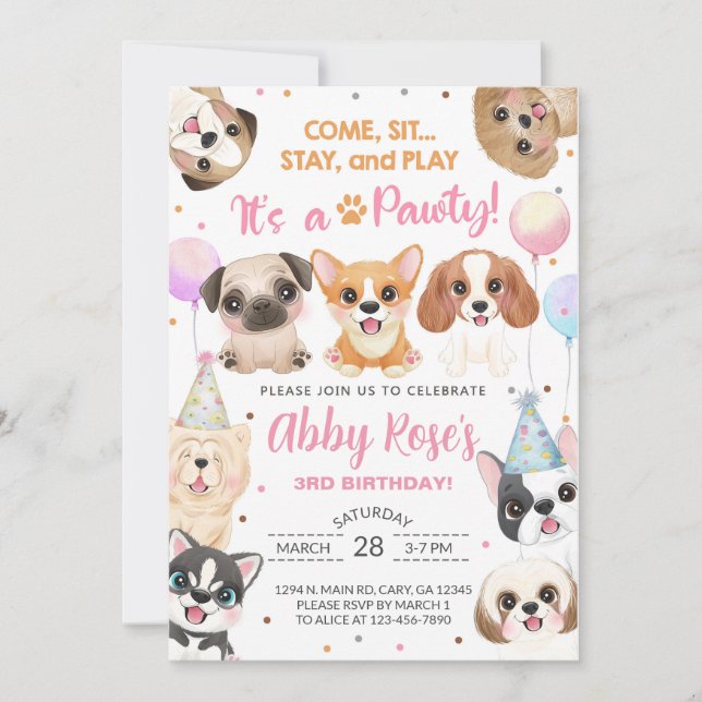 Puppy, valpar, pawty girl födelsedagsinbjudan. inbjudningar (Framsida)