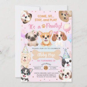 Puppy, valpar, pawty Girl-födelsedagsinbjudan. Inbjudningar