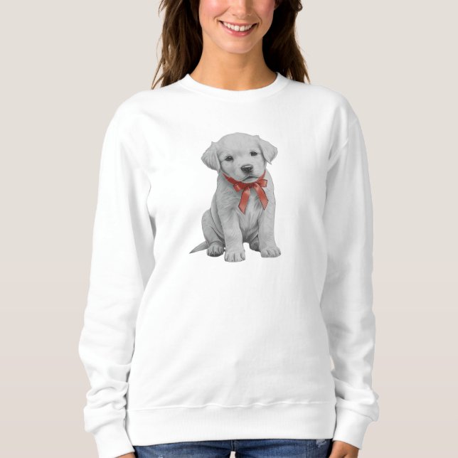 Puppy with Red Bow Sweatshirt Cute Puppy Crewneck T Shirt (Framsida)