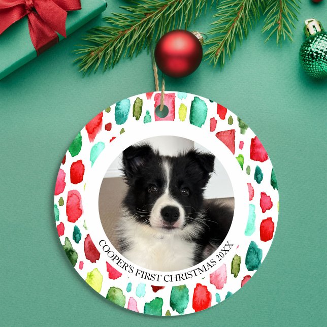 Puppys första jul 2-foto julgransprydnad keramik (Puppy's First Christmas 2 Photo Ceramic Ornament)
