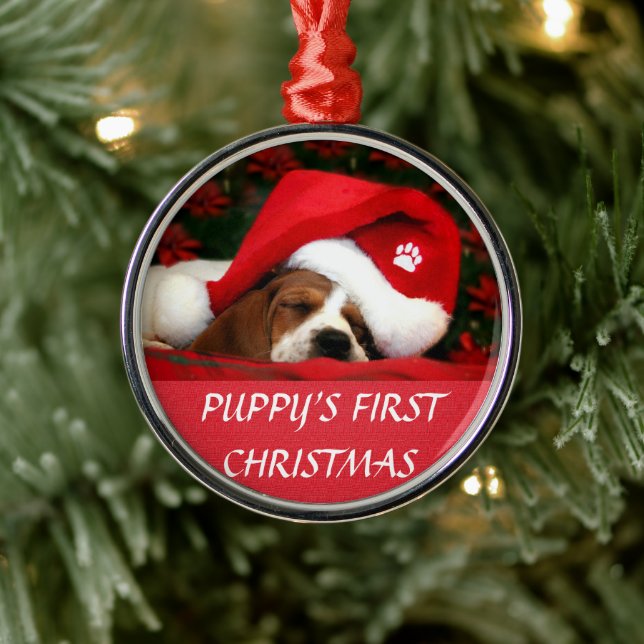 Puppys första jul (runda) julgransprydnad metall (Träd)