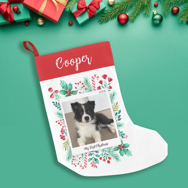 Puppys första julfoto och Namn Liten Julstrumpa (Puppy's First Christmas Photo and Name Small Christmas Stocking)