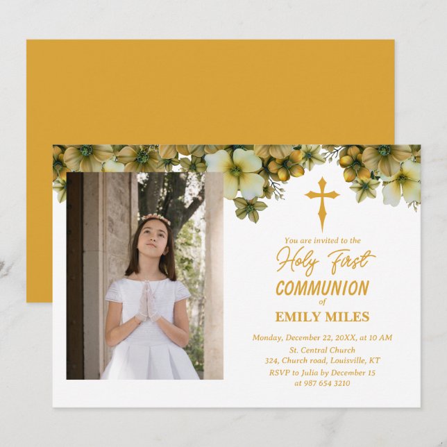 Pure Elegance blommigt first catholique communiuni Inbjudningar (Fram/baksida)
