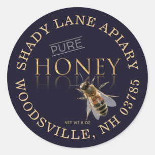 PURE Honung Label with Honeybee Mörk Navy Guld Runt Klistermärke