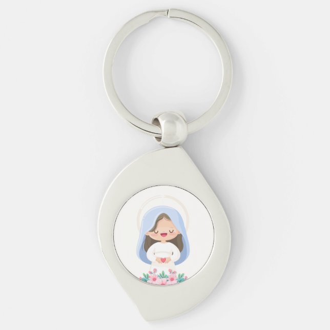 Pure Kawaii Virgin Mary with Heart - White Swirl Silverfärgad Nyckelring (Framsidan)