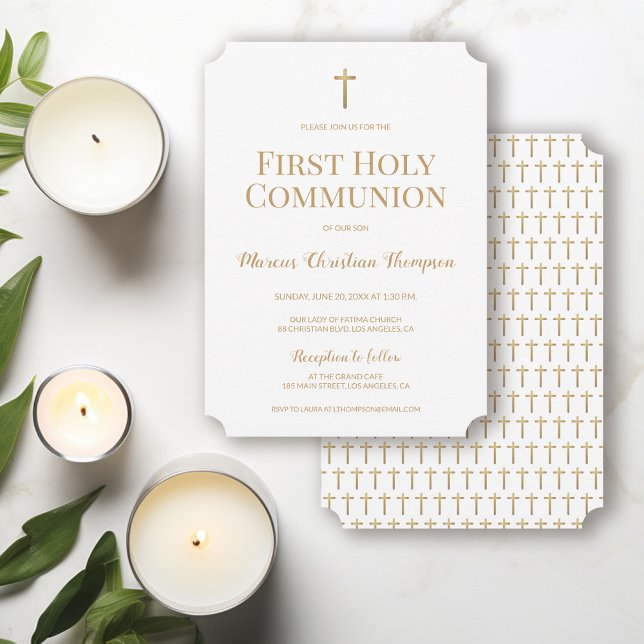 Pure White Guld Kor Boy First heliga communion Inbjudningar (Simple, Chic, Elegant, Gold cross First holy communion invitation template.)
