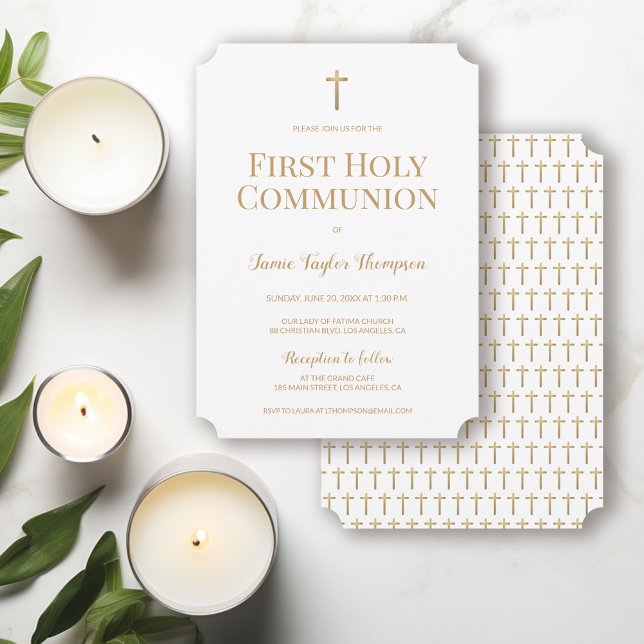 Pure White Guld Kor Första heliga-samfund Inbjudningar (Gender neutral First holy communion gold cross and white invitation )