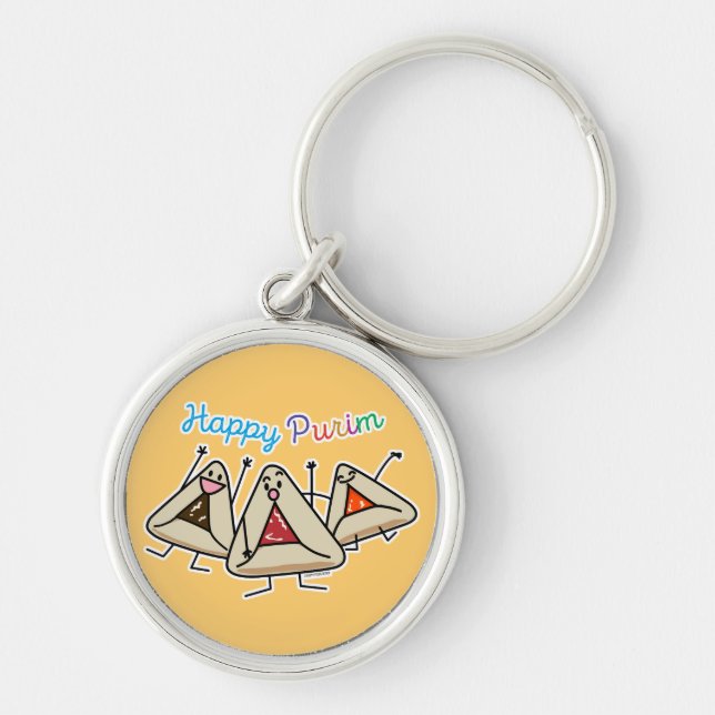 Purim hamantaschen bakelse Sameach Oznei Haman Rund Silverfärgad Nyckelring (Framsidan)