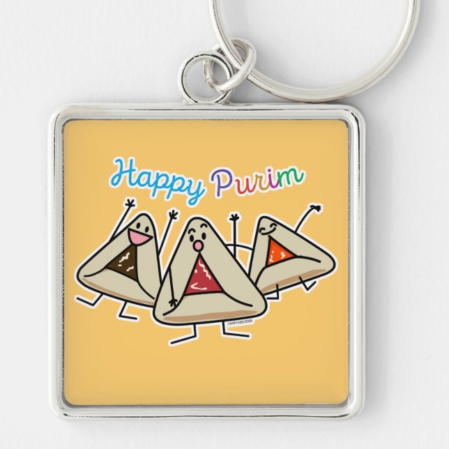 Purim hamantaschen paj Sameach Oznei Haman Fyrkantig Silverfärgad Nyckelring (Framsidan)