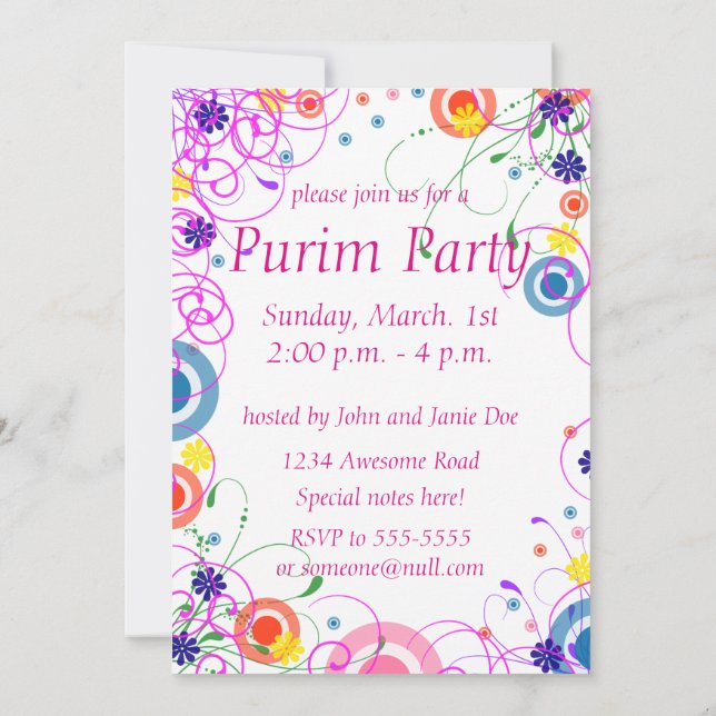 Purim Mask- och Swirls-inbjudan Inbjudningar (Baksida)