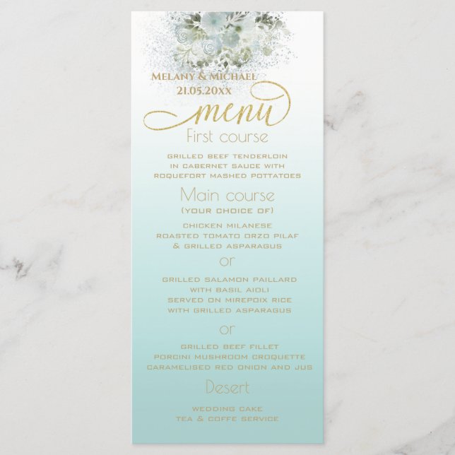Purist blue ombre romantic blommigt guld calligrap meny (Framsida)