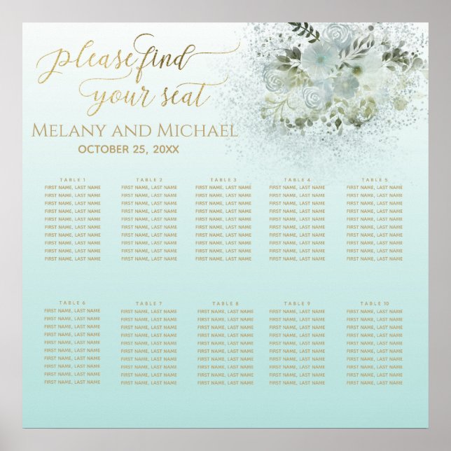 Purist blue ombre romantic blommigt guld calligrap poster (Framsidan)