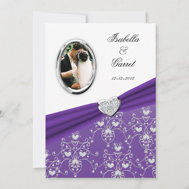 Purpl Ribbon Heart Damask Wedding Photo Inbjudan (Framsida)