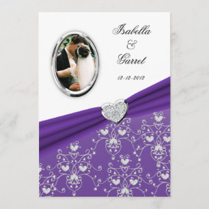 Purpl Ribbon Heart Damask Wedding Photo Inbjudan